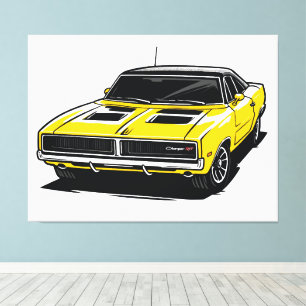 Impressão Em Tela Desenho Pop de Muscle Car Amarelo Ousado