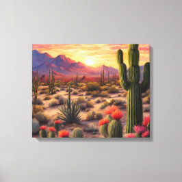 Impressão Em Tela Desert Blooming Cactus Colorida Sunrise Art
