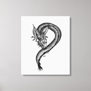 Impressão Em Tela Design de dragão preto e branco