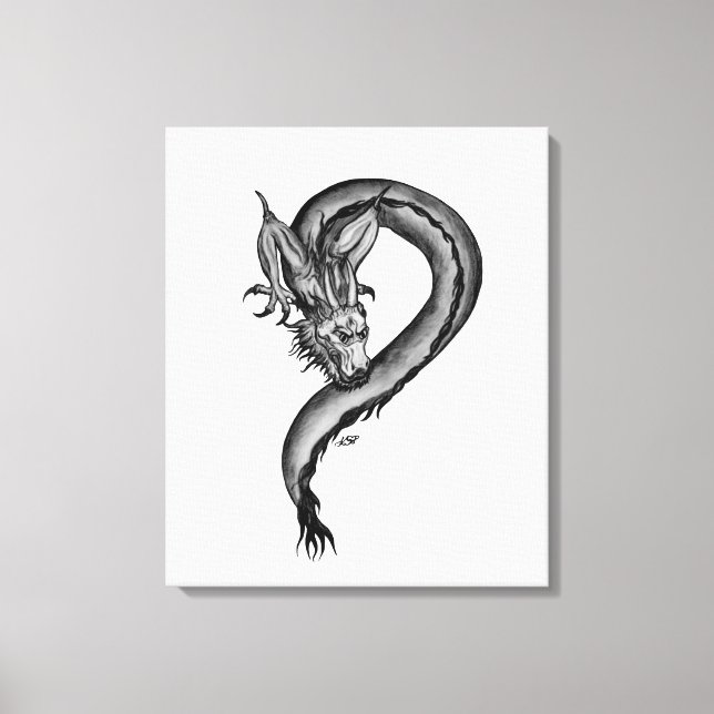 Impressão Em Tela Design de dragão preto e branco (Frente)