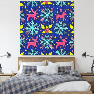 Impressão Em Tela Design de Padrão de Renas de Natal Azul Legal