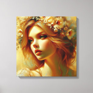 Impressão Em Tela Deusa da Hora Dourada Retrato Floral em Tela Quadr