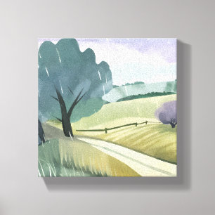 Impressão Em Tela Dia Chuvoso   Paisagem de Colinas de Aquarela da N
