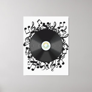 Impressão Em Tela Disco de Vinil Antigo e notas musicais
