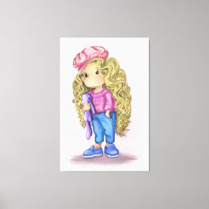 Impressão Em Tela Doce Menina Loira Bunny Brinquedo Amor - Desenho