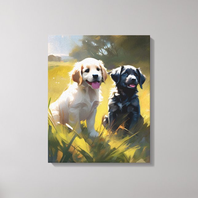 Impressão Em Tela Dois Cachorros na Grama (Frente)