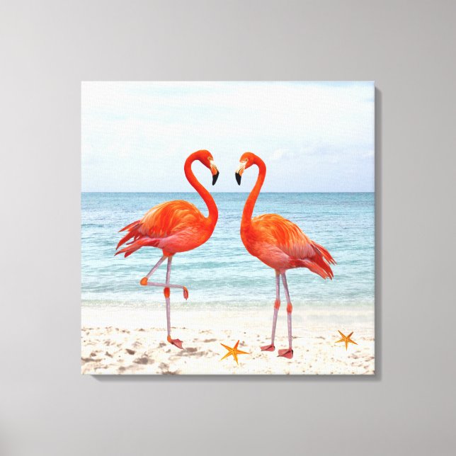 Impressão Em Tela Dois Flamingos Rosa Vibrantes na Tela da Praia (Frente)