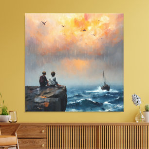 Impressão Em Tela Dois meninos assistindo um barco no mar