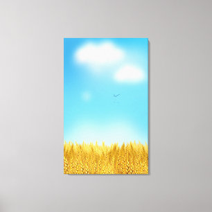 Impressão Em Tela Dourado Trigo Campo Azul Céu Azul Pintura de Óleo