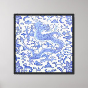 Impressão Em Tela Dragão oriental chinês azul e branco