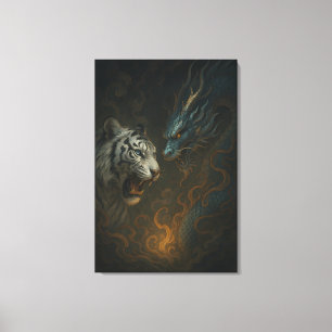 Impressão Em Tela Dragão vs Tigre Branco – Arte Mural de Fantasia Mí