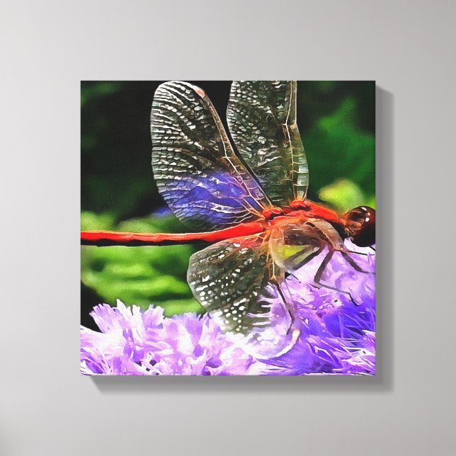 Impressão Em Tela Dragonfly Vermelha em Flores Violetas Roxos (Frente)