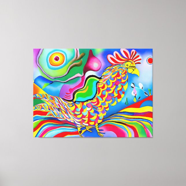 Impressão Em Tela "Dreamscape Bird" Um cockerel surreal colorido (Frente)