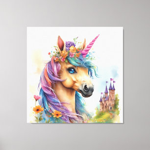 Impressão Em Tela Dreamy Unicorn Watercolor com Castelo e Flores