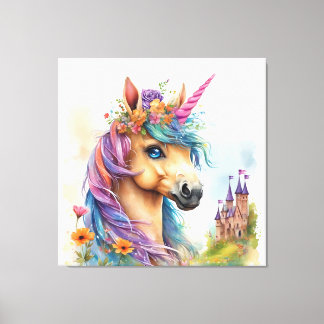 Impressão Em Tela Dreamy Unicorn Watercolor com Castelo e Flores