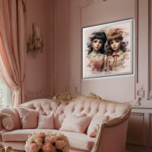 Impressão Em Tela Duas Meninas Vintage Doll Core Whimsical