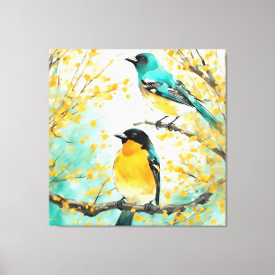 Impressão Em Tela Duas Pássaros Sentadas na Ramificação da Árvore