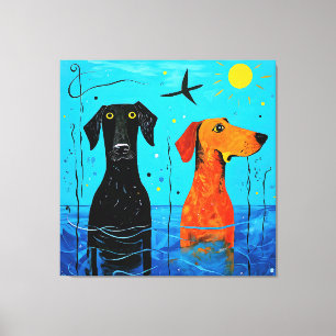Impressão Em Tela "Duo Aquático de Alegria" - Cães Coloridos Surreai