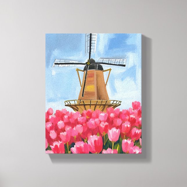 Impressão Em Tela Dutch Windmill Tulip Flower Field Watercolor (Frente)