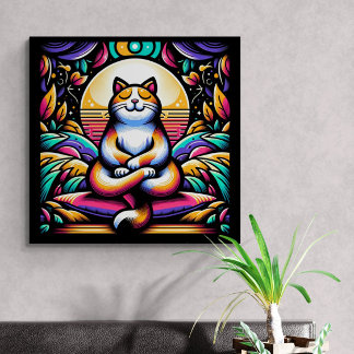 Impressão Em Tela Efeito de Vidro Estido Gato Colorido em Meditação