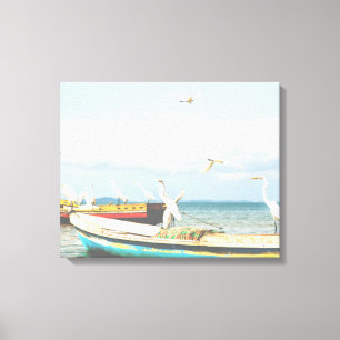 Impressão Em Tela Egrets on Traditional Fishing Boats at Sea