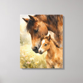 Impressão Em Tela Égua e Potro Aquarela Sob Seu Olhar Gentil 
