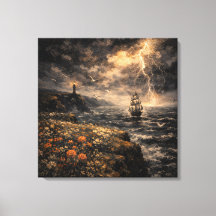 Electric Horizon: Stormy Lighthouse & Tall Ship