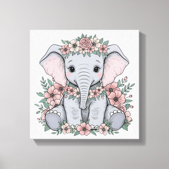 Impressão Em Tela Elefante-Bebê bonito com flores rosa (Frente)