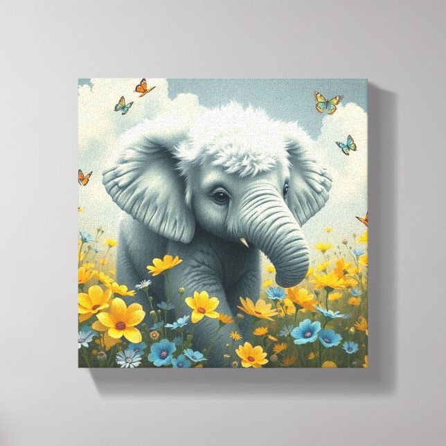 Impressão Em Tela Elefante Bebê Correndo em Flores (Frente)
