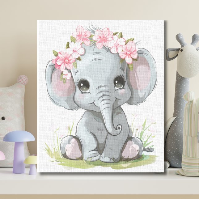Impressão Em Tela Elefante Bebê Flores Rosa na Cabeça Berçário (Baby Elephant with pink flowers on head. Adorable cute nursery canvas wall art Baby Shower gift)