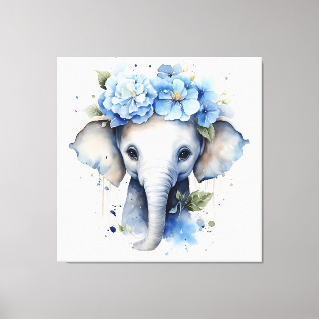 Impressão Em Tela Elefante - Coroa Flor Azul (Frente)