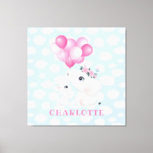 Impressão Em Tela Elefante e coelho com flores e balão