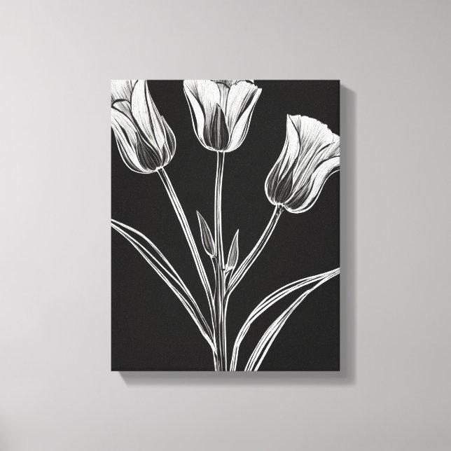 Impressão Em Tela Elegância em Preto e Branco: Três Tulipas (Frente)