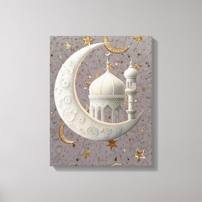 Impressão Em Tela Elegant 3D White Crescent & Mosque Ramadan Design (Frente)