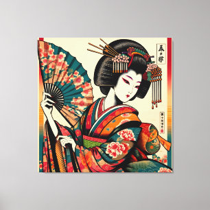 Impressão Em Tela Elegante Geisha com ventilador na arte ukiyo-e