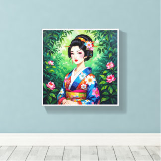 Impressão Em Tela Elegante Geisha Wall Art - Floral Kimono Retrato
