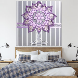 Impressão Em Tela Elegante Mandala de Lavanda com Listras de Prata p