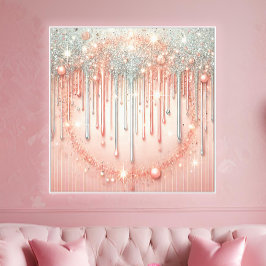 Impressão Em Tela Elegante Tomara Que Caia Rosa e Brilho Prateado De