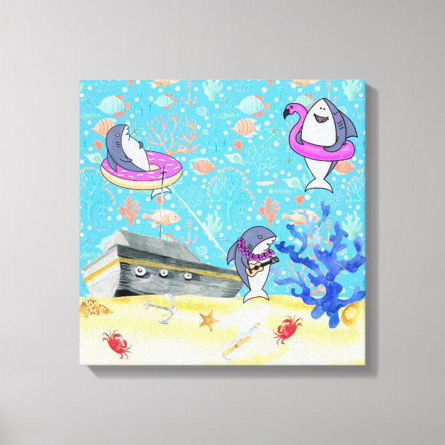 Impressão Em Tela Em Águas Profundas Festas de Tubarões do Mar (Frente)