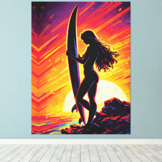 Impressão Em Tela Empowering Surfer Girl Sunset Silhouette Pop Art