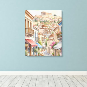 Impressão Em Tela Encantadora Atenas Grécia Rua Aquarela