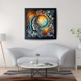 Impressão Em Tela Energia Cósmica e Rostos Abstratos Surrealistas