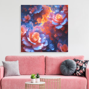 Impressão Em Tela Energia Floral Etérea – Arte Rosa Azul e Ígnea