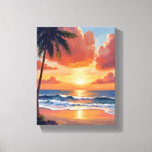 Impressão Em Tela Enseada da Hora Dourada Aquarela do Oceano Tropi