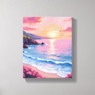 Impressão Em Tela Enseada de Flores Floral de Aquarela Oceano Rosa