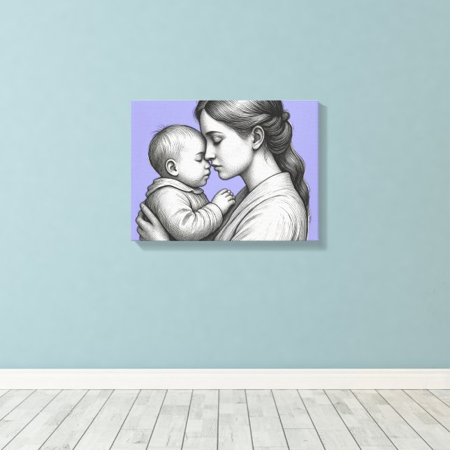 Impressão Em Tela esboço de mãe e bebê em fundo azul (Insitu(piso de madeira))