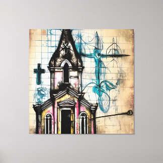 Impressão Em Tela Esboço do Lápis, Igreja, Jesus na Cruz