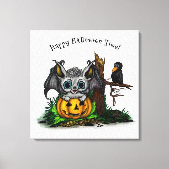 Impressão Em Tela Esperando o Halloween, Cute Bat e Raven (Frente)