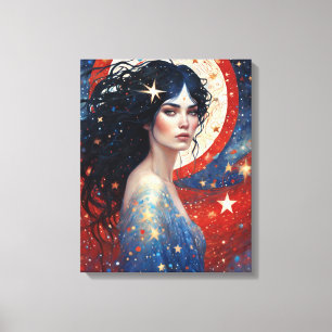 Impressão Em Tela Espírito dos Patriotismos Mulher Vermelha Azul Azu