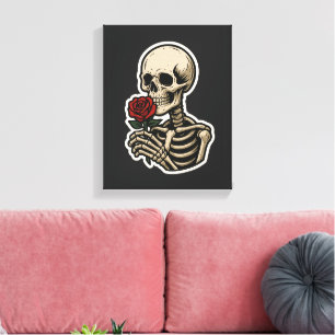 Impressão Em Tela Esqueleto segurando um Rosa - Adesivo Gótico Artís